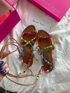 Almondo Turquin Beaded Brown Leather Wrap Sandals - Multicolor Beads